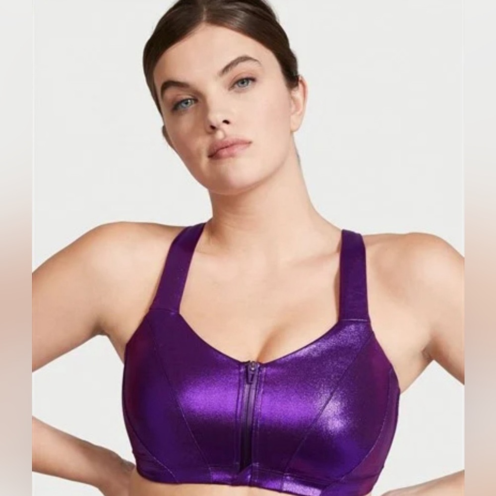 Victoria's Secret Knockout Front-Close Sports Bra 36DD Metallic Purple Zipper Fr